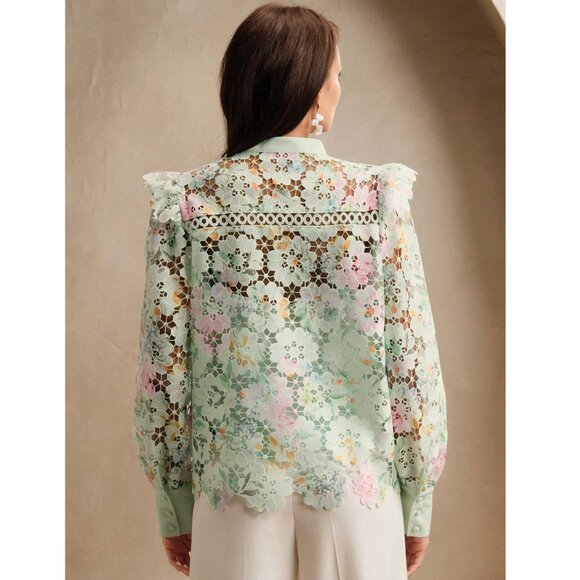 Mint Green Floral Lace Blouse | Elegant Sheer Long Sleeve Button-Up Top - Picture 4 of 4